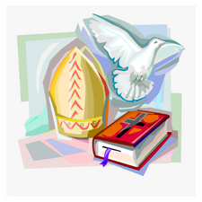 Image of Bishop's hat, bible and Holy Spirit in form of dove for Sacrament of Confirmation