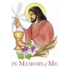Image of Jesus holding Eucharist and text at bottom, "In Memory of Me."
