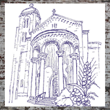 Exterior of OLPH Church pen drawing - grey background