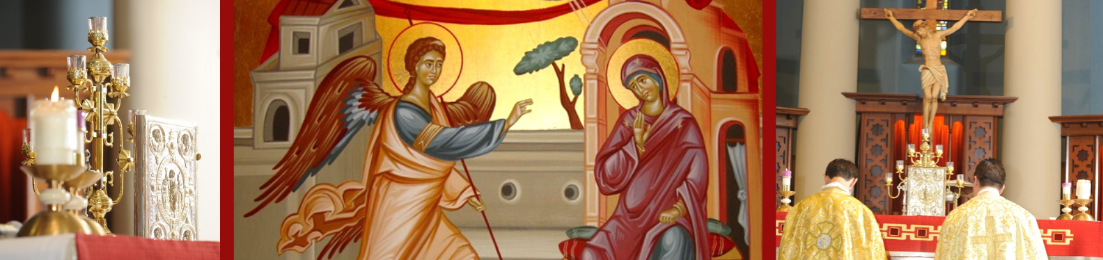 Banner for Byzantine RC Mission with Icon of Annunciation, Priests at Mass and Gospel on altar